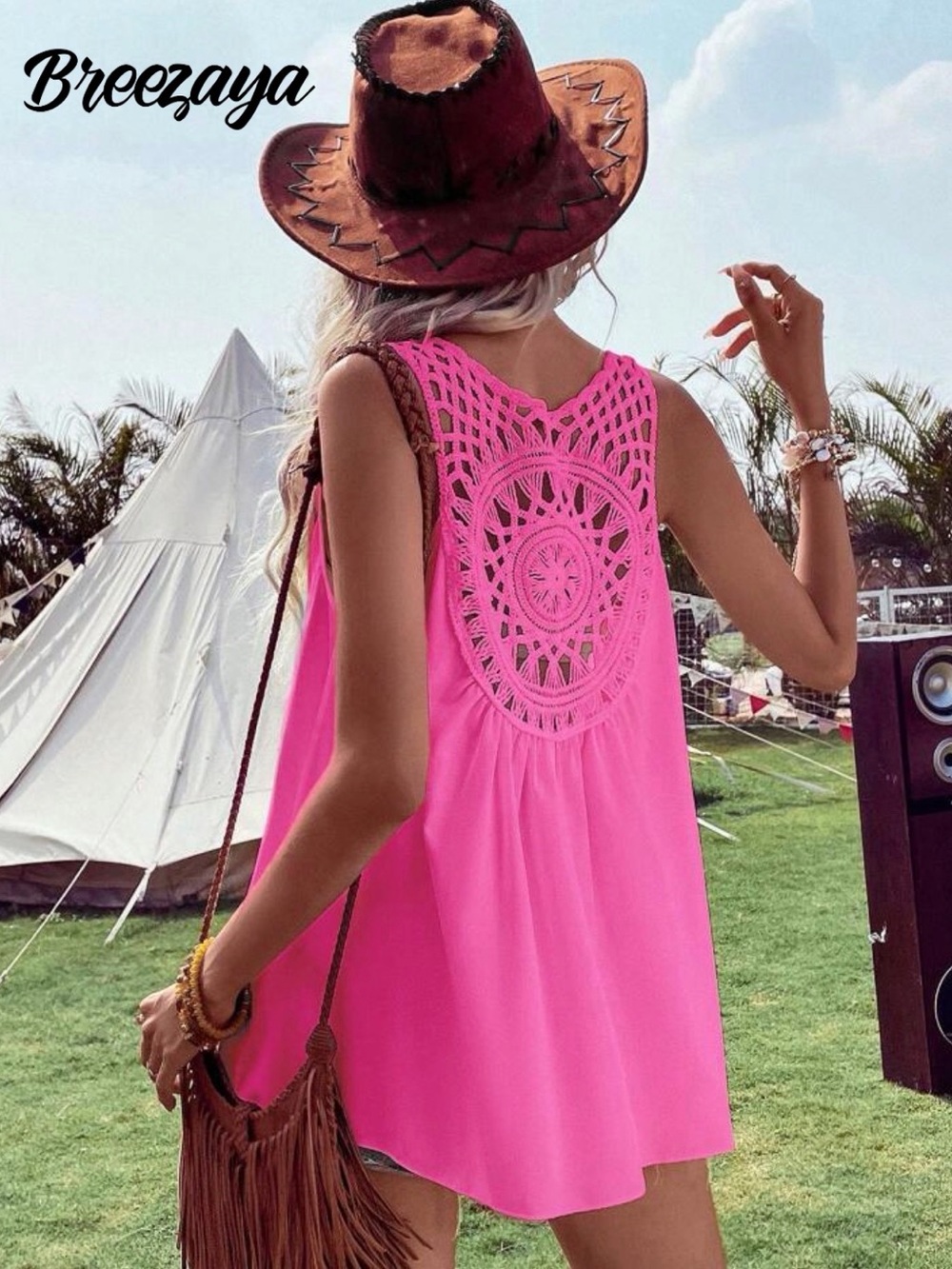 Breezaya Hot Pink Crochet Back Sleeveless Tunic